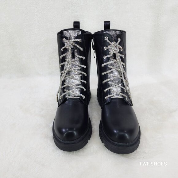 Rylee Black Combat Ankle Boots Iridescent Rhinestone Tongue and Rope Laces - Picture 6 of 6